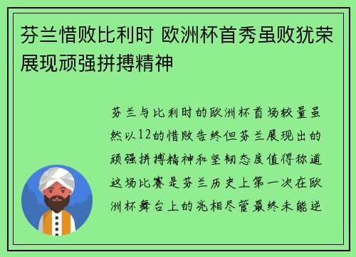 芬兰惜败比利时 欧洲杯首秀虽败犹荣展现顽强拼搏精神